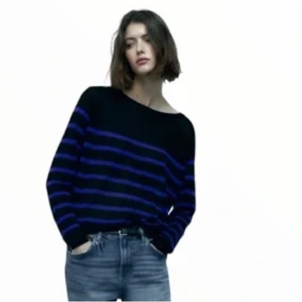 NWT ZARA Black & Blue BASIC KNIT SWEATER Lightweight Striped Medium